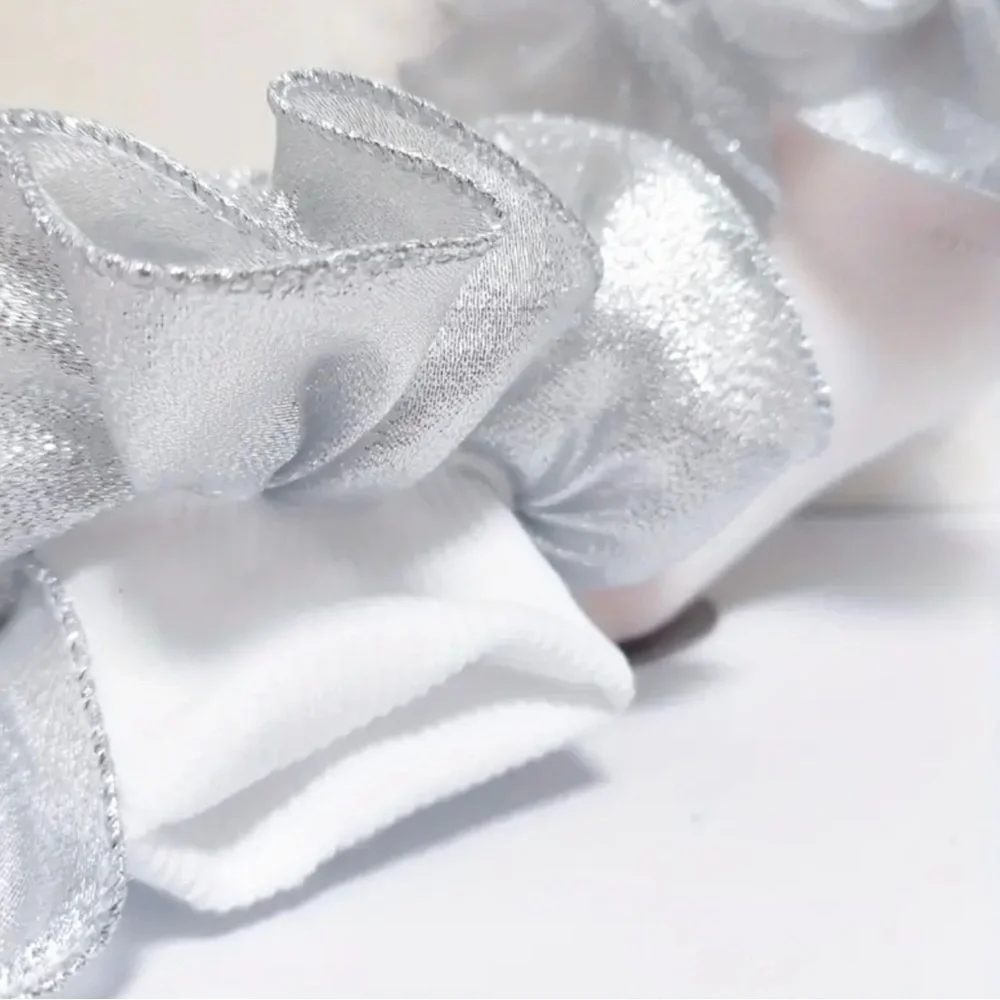Girls White Silver Ruffle Lace Dress Socks | Cotton Blend | Size S 1–3 Years